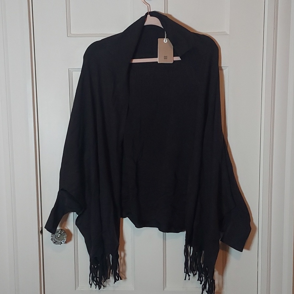 Look by M Black Fringe Cape Shawl One Size